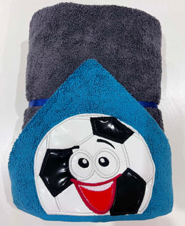 Gray towel with blue border featuring a cartoon character on a white background
