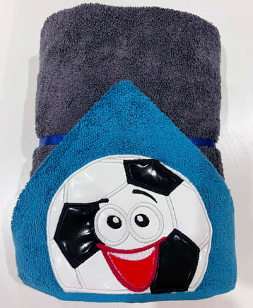 Gray towel with blue border featuring a cartoon character on a white background