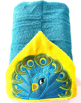 Blue and yellow towel with a peacock design on a white background