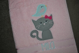 Cat & Bird Appliqued Bath Towel