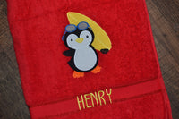 Penguin Surfing Appliqued Bath Towel