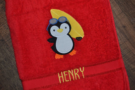 Penguin Surfing Appliqued Bath Towel